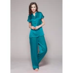 Buy Half Buttoned Front Teal Silk Night Suit Pajamas for Women Online in Pakistan