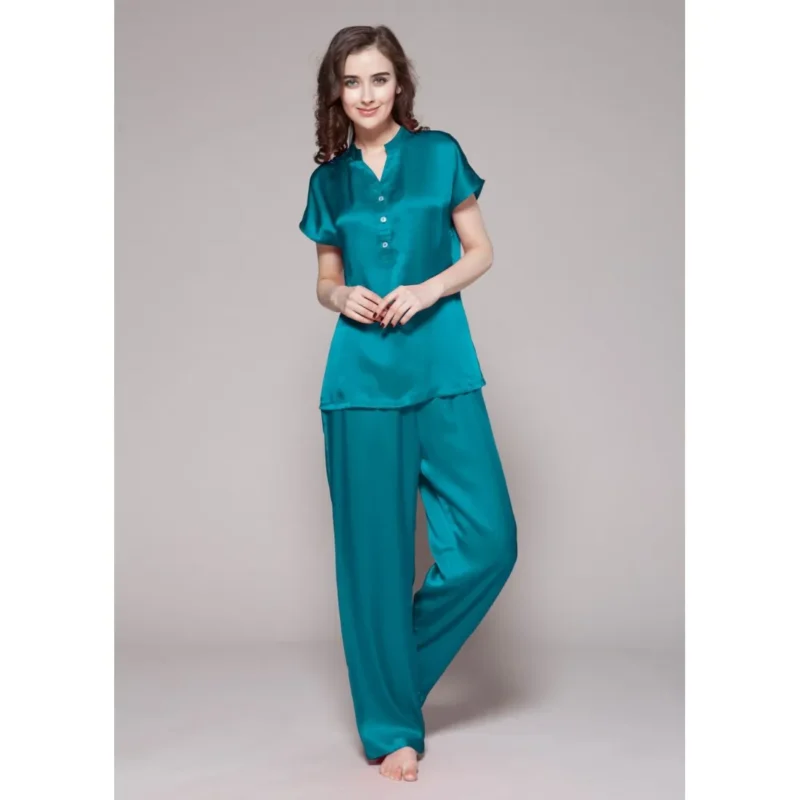 Buy Teal Half Buttoned Front Silk Night Suit Pajamas for Women Online in Pakistan