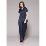 Buy Navy Blue Half Buttoned Front Silk Night Suit Pajamas for Women Online in Pakistan