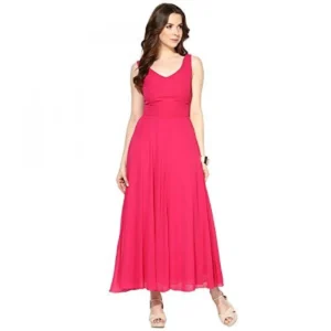 A Woman Wearing a Hot Pink Chiffon Skater Maxi Dress With a Sheer Overlay and a V-Neck Style | Buy Online