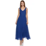 A Woman Wearing a Royal Blue Chiffon Skater Maxi Dress With a Sheer Overlay and a V-Neck Style | Order Now