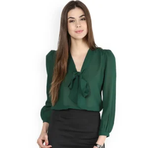 A Green Knotted Chiffon Tunic With a Tie-up Detail and Sheer Sleeves on a White Background. Shop Now