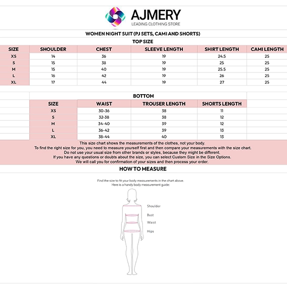 Ajmery Size Guide Pj Set for women