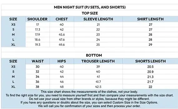 Ajmery Pakistan Men's Nightwear size guide
