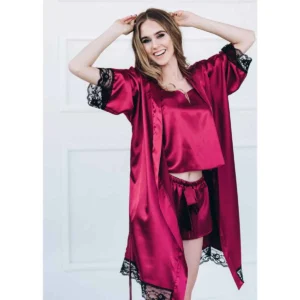 Buy Stylish 3 Pcs Silk laced Maroon Night Gown Dress Online in Pakistan | Cash on Delivery