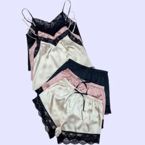 Shop Pack of 3 Laced Silk Camisole Shorts Set online in Pakistan